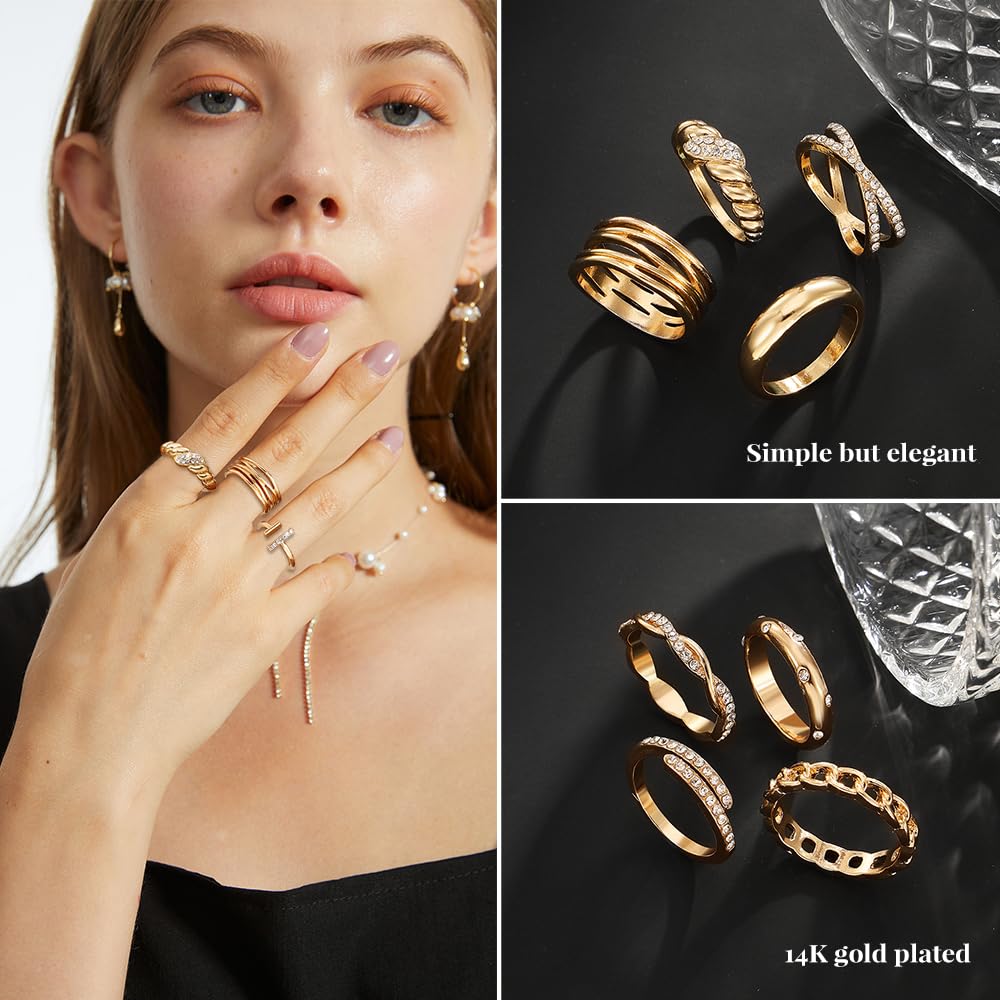 KISS WIFE Gold Silver Black Kunckle Rings Set for Women , Dainty Simple Trendy Cute Stackable Finger Rings Pack, Perfect for Stacking Layering on Thumb and Knuckle, Mixed Size, Jewelry Gift (Gold-Sparkling)