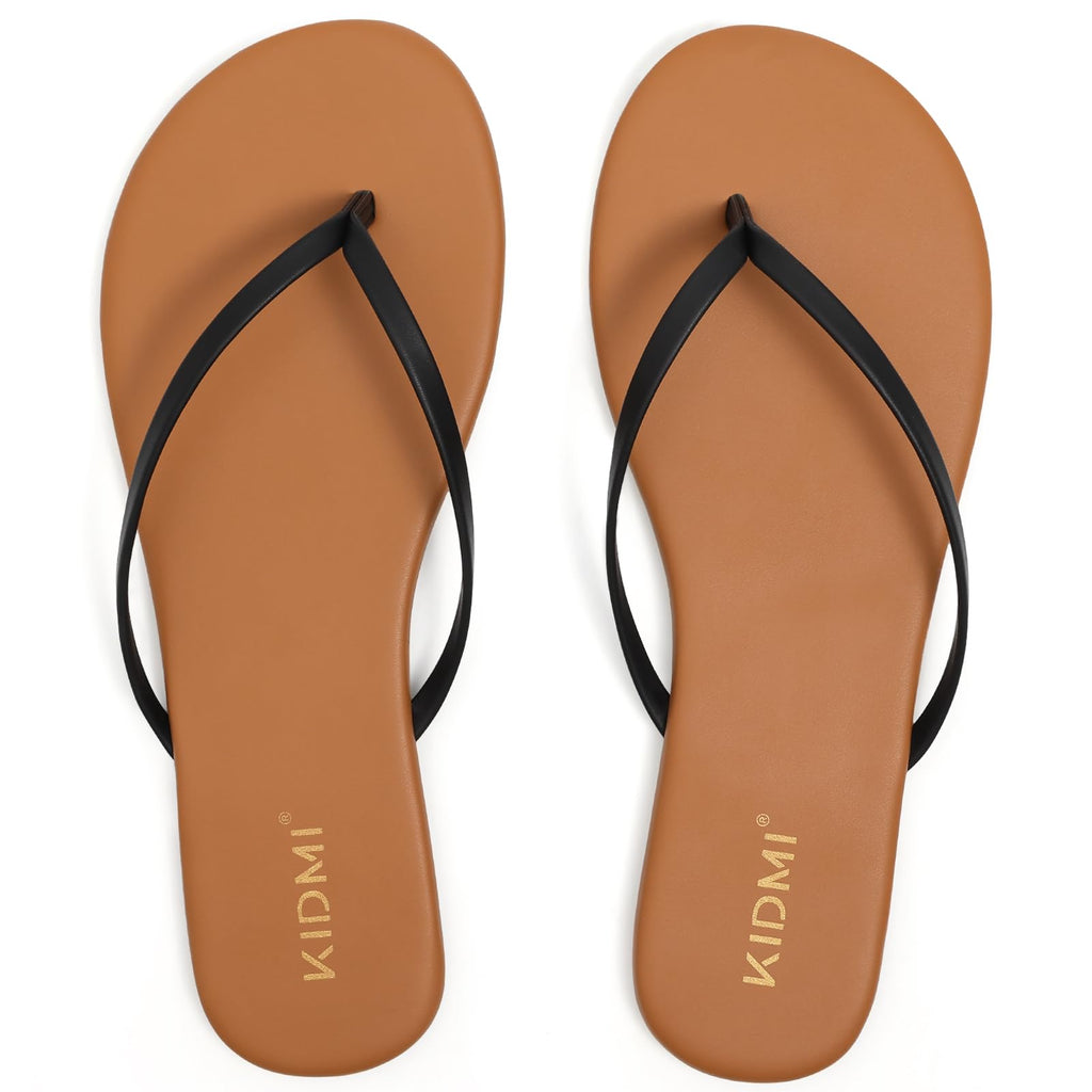KIDMI Thong Flip Flops for Women - Memory Foam Summer Beach Sandals for Women - Vegan Leather Flat Sandals, Brown/Black EU 36