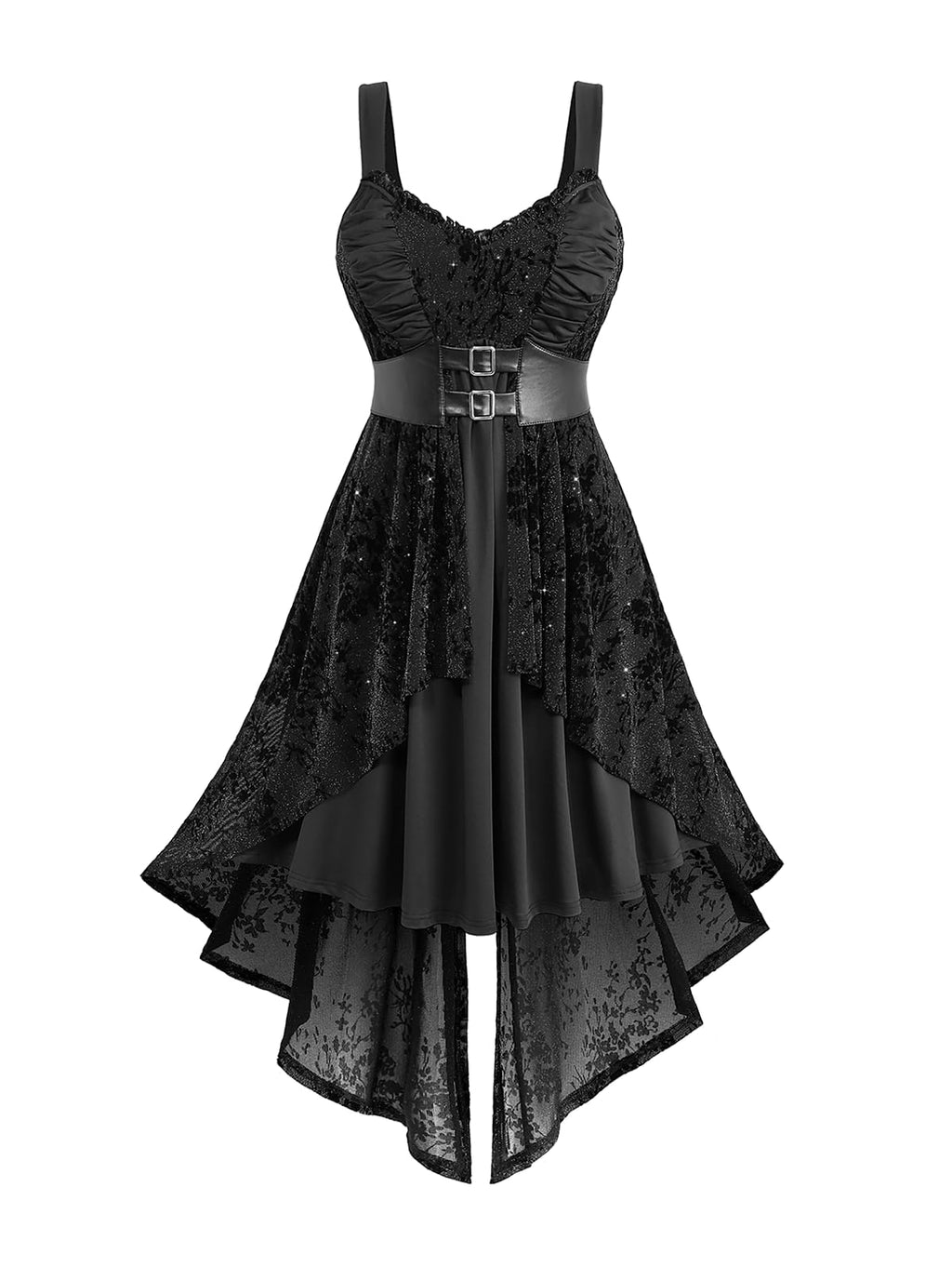 ROSE GAL Women Plus Size Gothic Sleeveless Dress Glitter Floral Flocking Ruched PU Panel Waist Split Back Layered High Low Asymmetric A Line Midi Goth Dress(Black/4X)