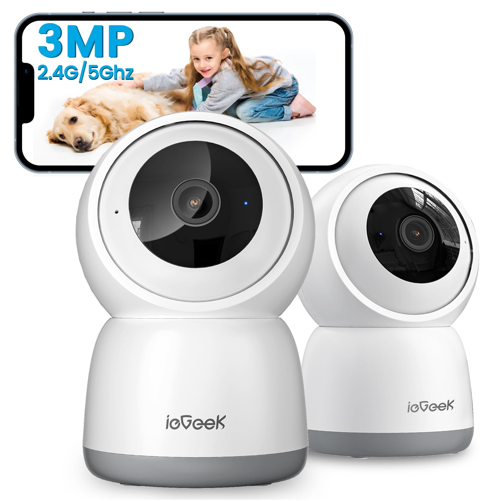 ieGeek Indoor Camera, 2K Cameras for Home Security, 5G Security Camera Indoor, 360° Pet/Dog/Baby Camera with Phone App, AI Tracking, 2-Way Audio, Night Vision, 24/7 SD Card Storage, Alexa (2 Pack)