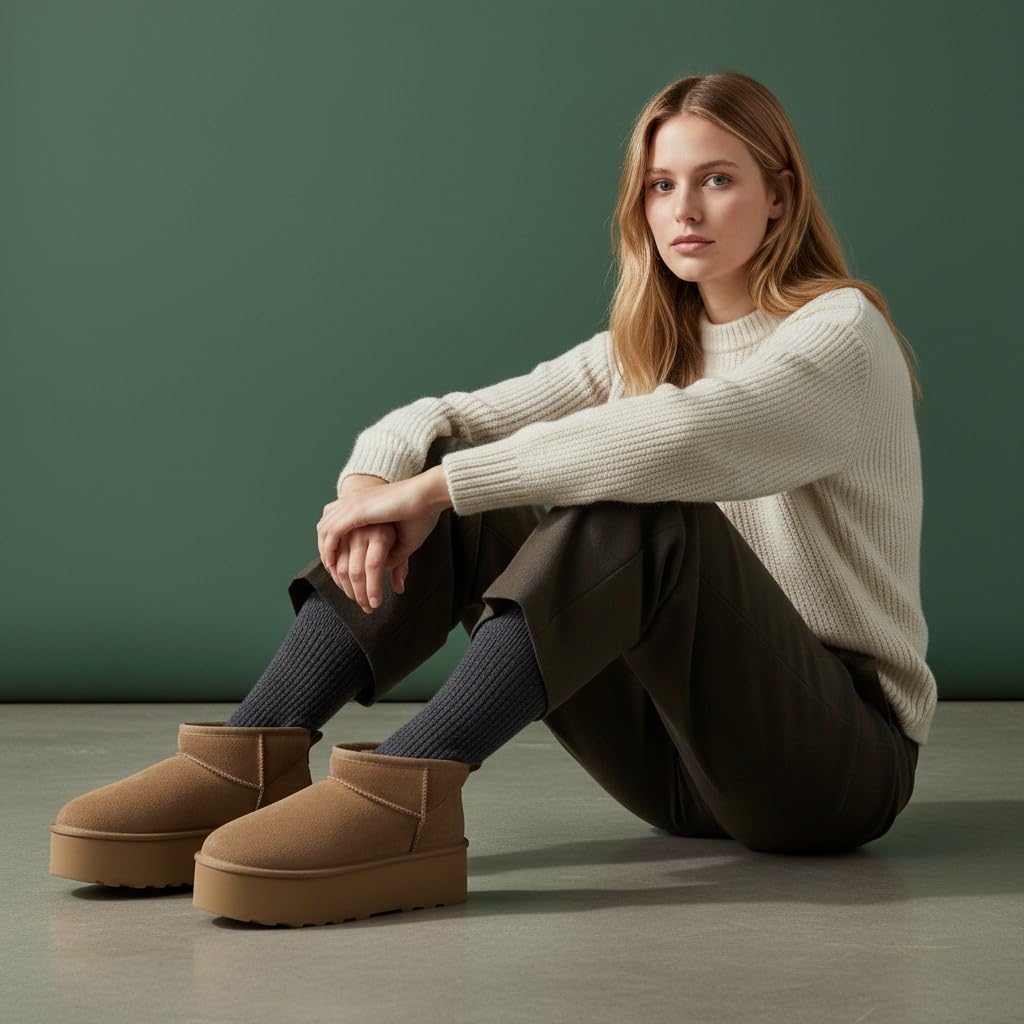 CUSHIONAIRE Hippy Women’s Platform Ankle Boots – Genuine Suede, Faux Fur Lining, Cozy Winter Slip-On Design Mini boots, CHESTNUT 7
