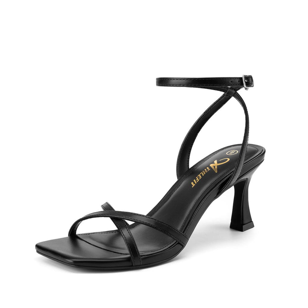 Athlefit Black Kitten Heels for Women Square Open Toe Strappy High Heels Comfortable Dressy Summer Graduation Ankle Strap Heeled Sandals Size 8