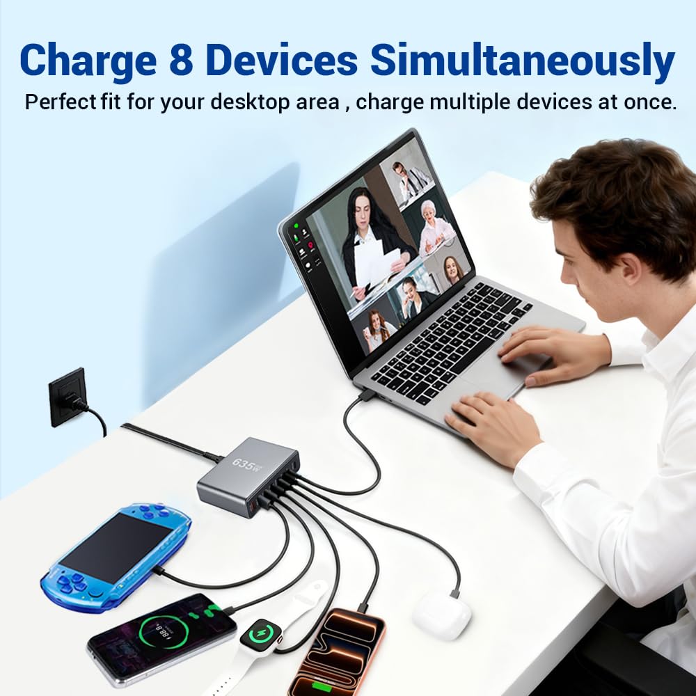 SquareWiz 635W GaN Super Fast Charging Station for Multiple Devices,8 Port USB C Charger Stations for iPhone,iPad,MacBook,Tablet,Android Cell Phone,Type C 200W Desktop Multi-Device Charging Hub Block