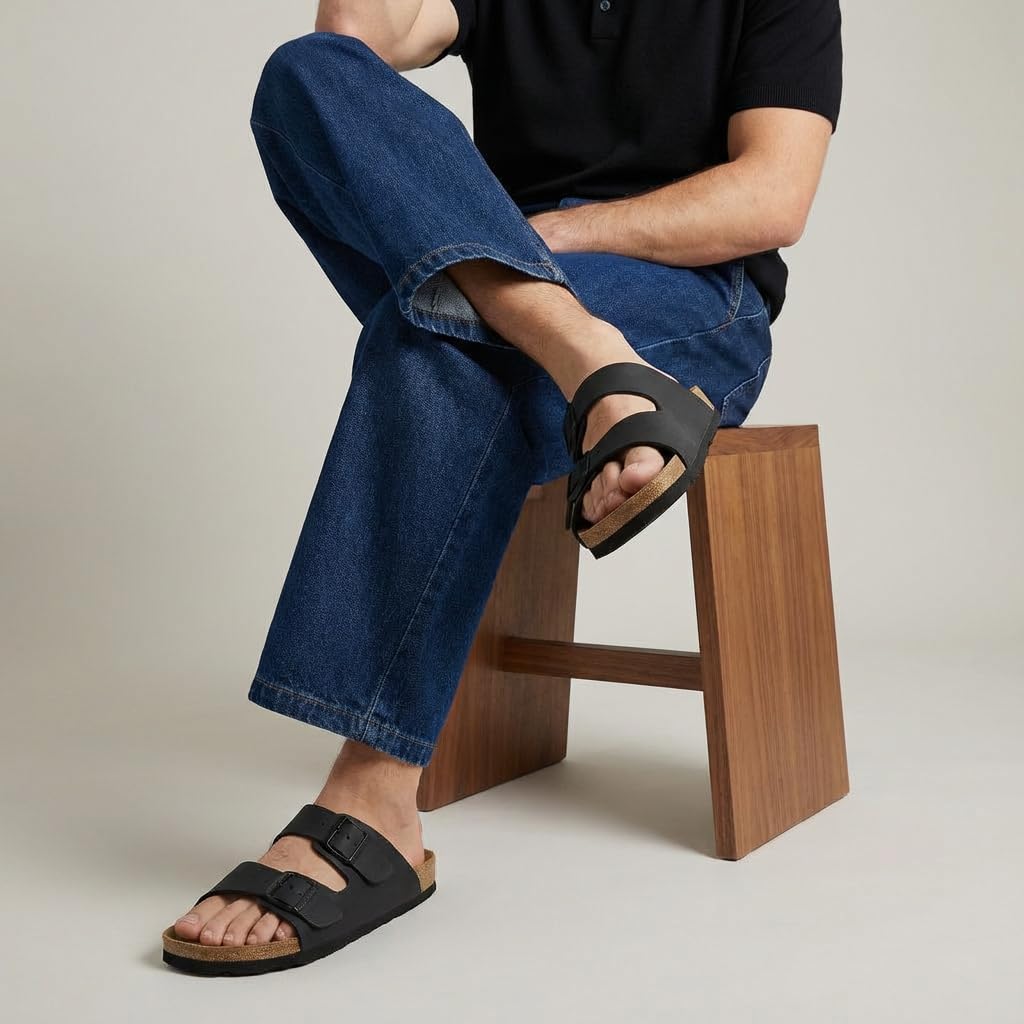 CUSHIONAIRE Lane Cork Footbed Mens Sandals, Adjustable Buckle Comfort Slides for Men, Genuine Leather Insole Summer Sandals Men Footwear, BLACK 10