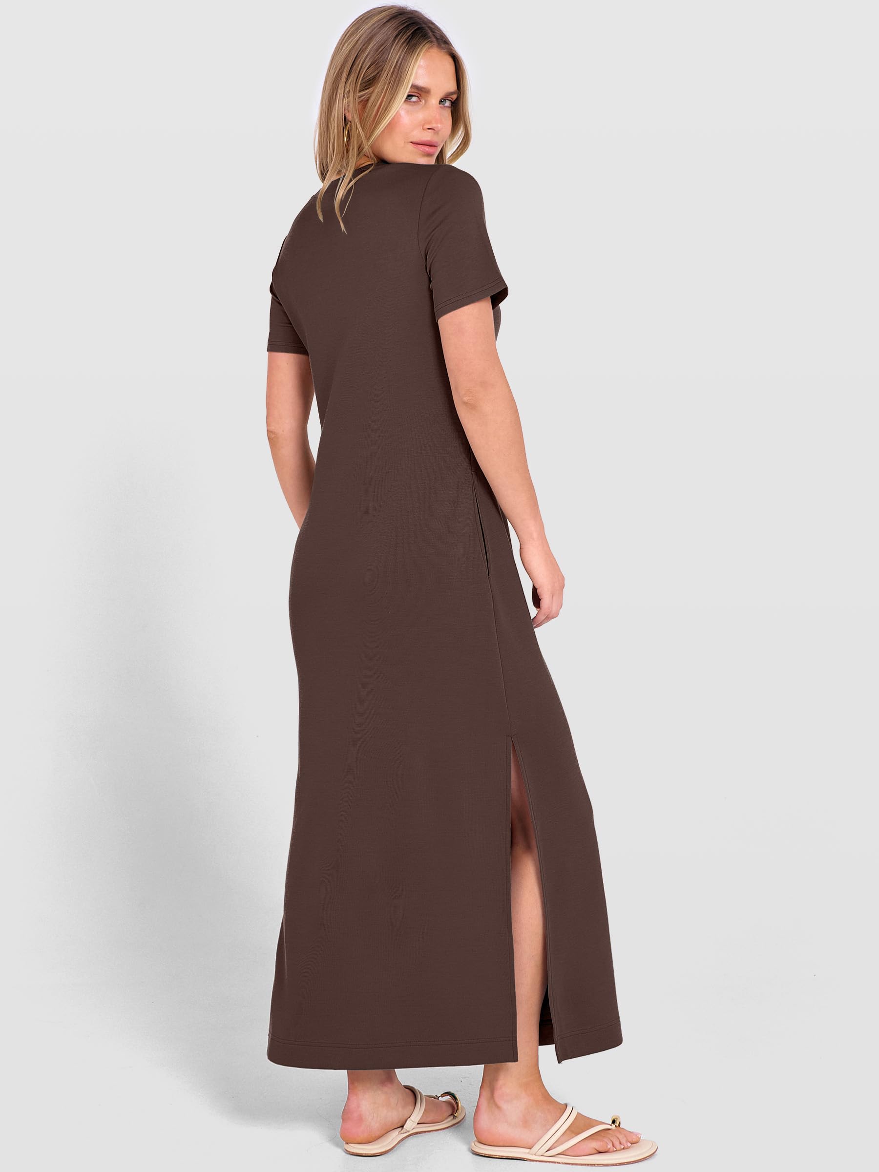 ANRABESS Womens Summer Casual Maxi Dress Short Sleeve Crewneck Split Wrinkle-Free Travel Long Sundress Beach Vacation Clothes Brown X-Large