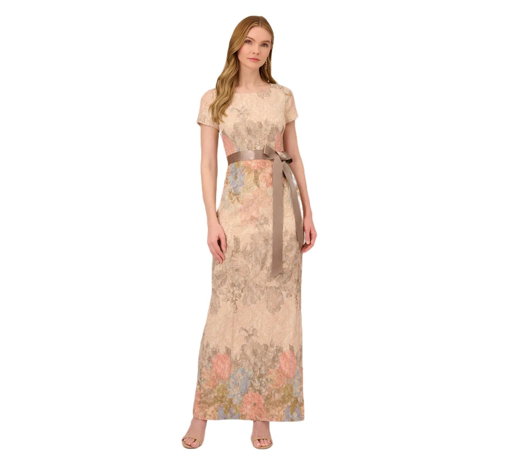 Adrianna Papell Women's Mateleasse Column Gown | Elegant Evening Gown with Floral Design, Back Slit & Cap Sleeves, Blush Multi 2