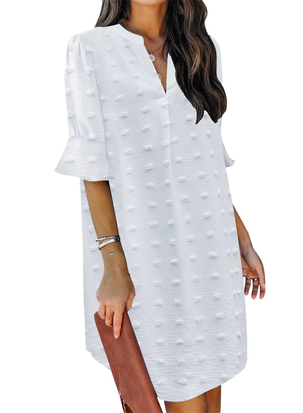 QACOHU Women's 2026 Spring Summer Casual Dress Short Sleeve V-Neck Midi Dress Ruffle Spring Summer Chiffon Dress White L