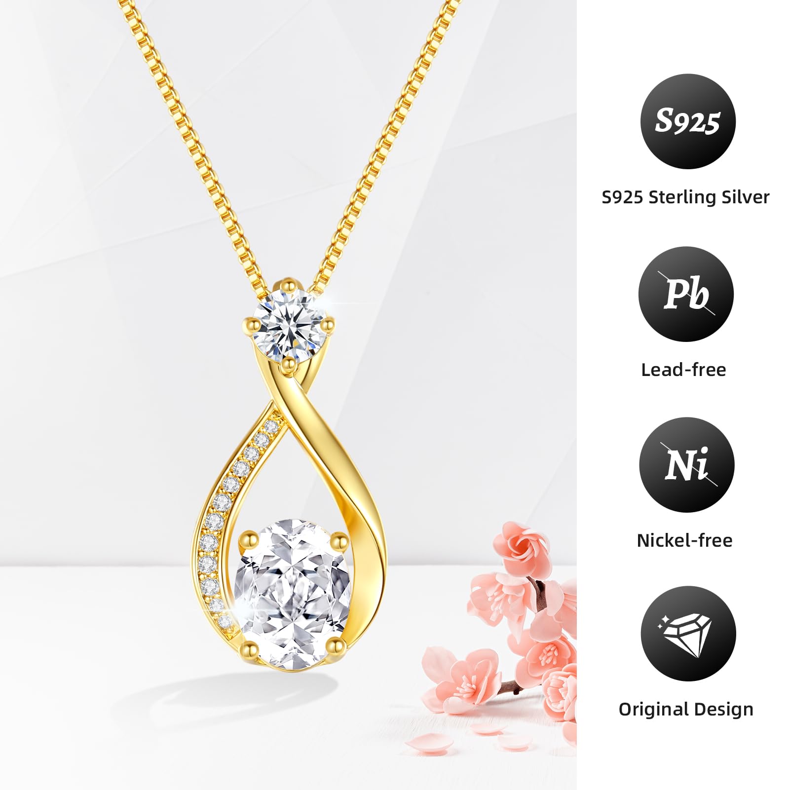 geweio 1.5CT Moissanite Infinity Pendant Necklace Anniversary Wedding Gifts for Women Wife Her S925 Sterling Silver 18K White Gold/Gold Filled Jewelry for Birthday Mothers Christmas Valentines Day