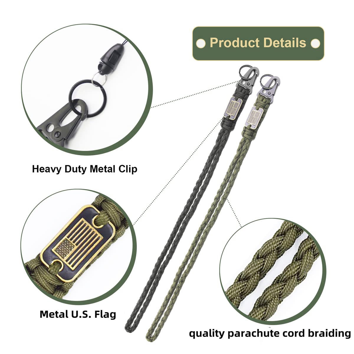 4 Pcs Heavy Duty Paracord Lanyard Keychain with USA Flag, Braided Key Lanyard for Men Long/Short Keychain Lanyards for Keys for Men Neck Buckle with Metal Clip Key Ring for Outdoor Activities Camera