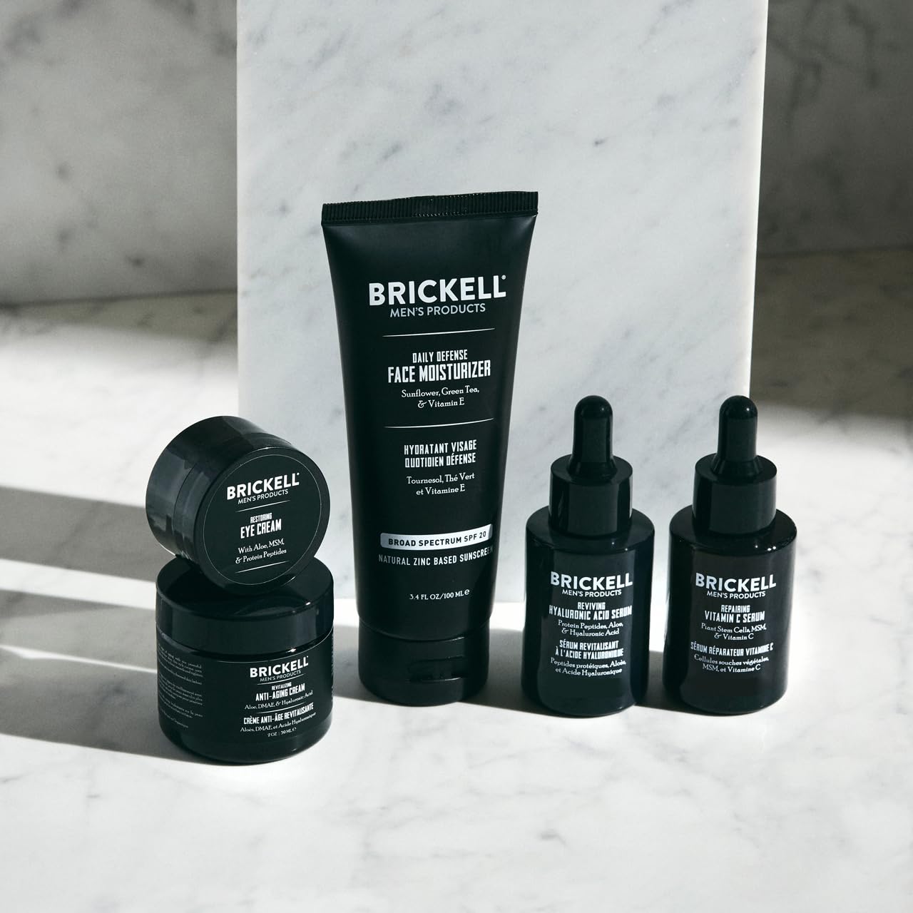 Brickell Men's Complete Defense Anti Aging Routine, Night Face Cream, Day & Night Serum, Facial Moisturizer w/SPF & Eye Cream, With Hyaluronic Acid, Peptides, and Vitamin C, Unscented