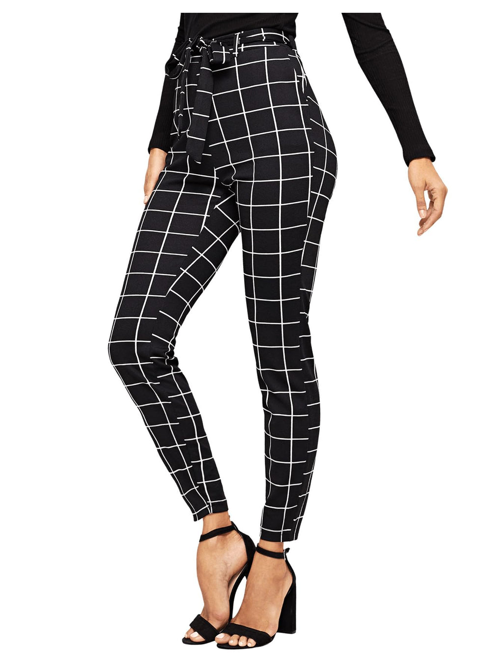 WDIRARA Women's Stretchy Plaid Print Pants Soft Skinny Regular Fashion Leggings Black XL