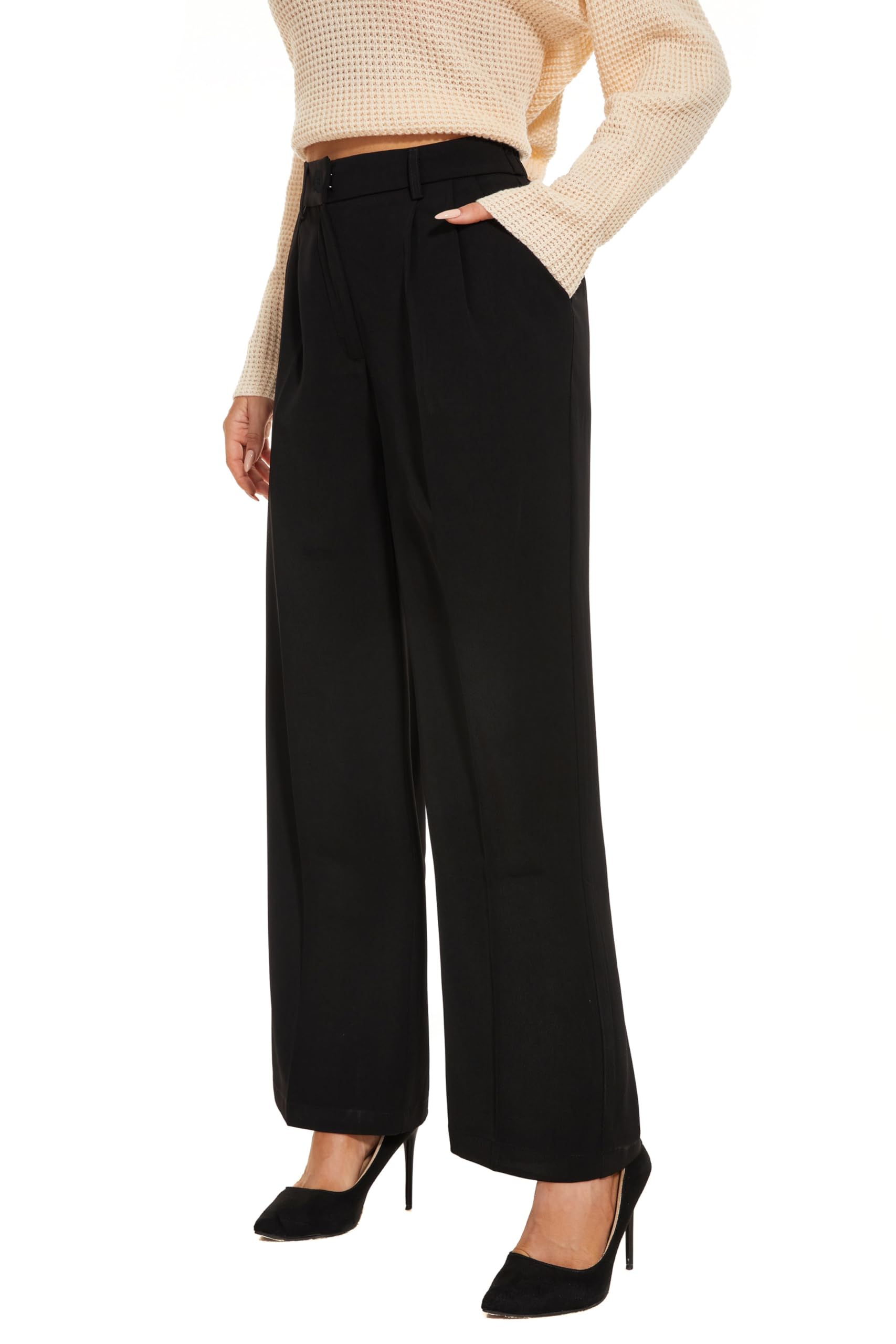 FUNYYZO Women's Wide Leg Pants High Elastic Waisted in The Back Business Work Trousers Long Straight Suit Pants