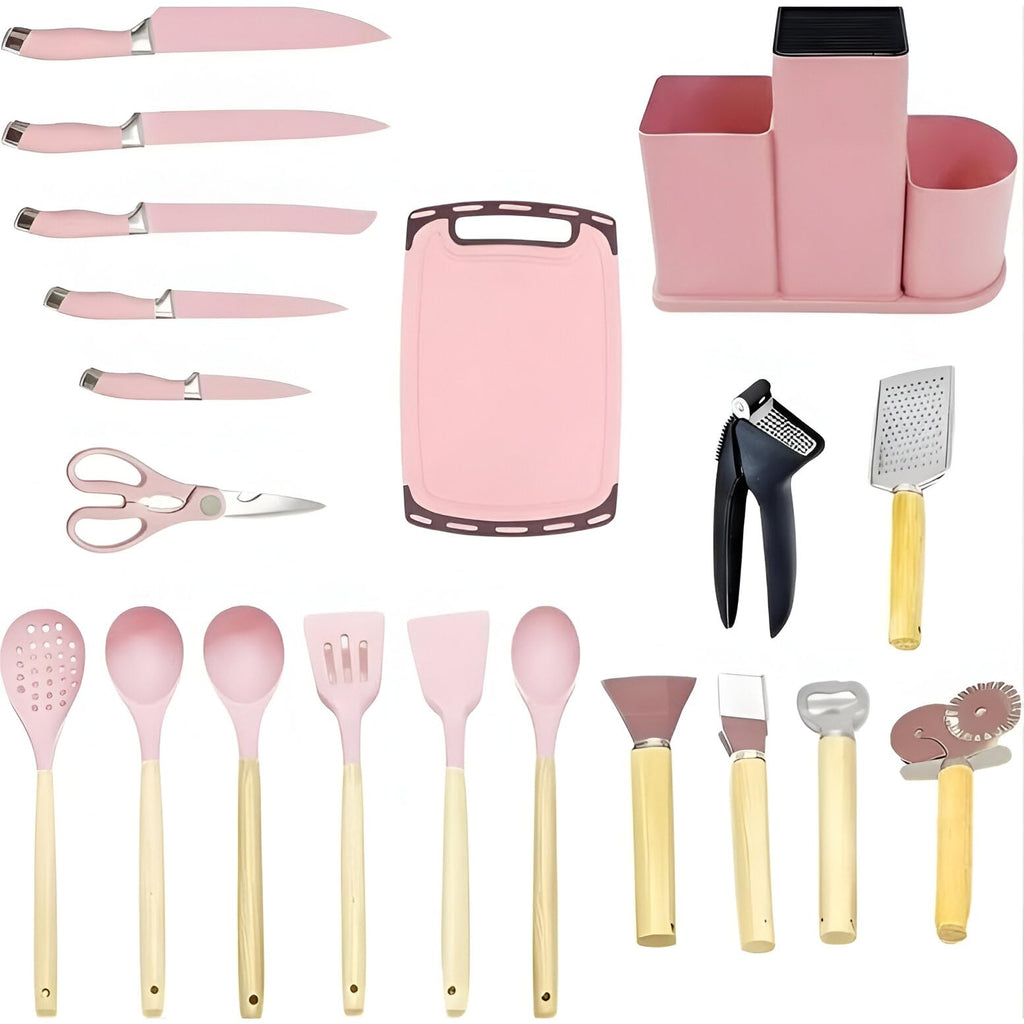 DANFFI 20-Piece Pink Kitchen Utensil Set – Silicone Cooking Tools with Wooden Handles, Knife & Scissor Set, Cutting Board, Grater & More – Non-Stick, BPA-Free Kitchen Gift Set