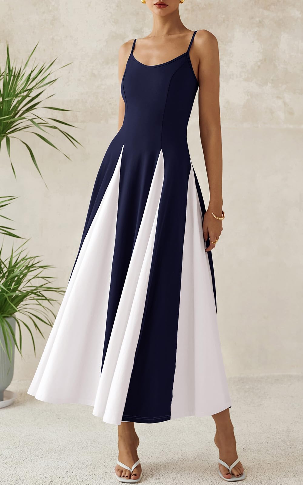 PRETTYGARDEN Spaghetti Strap Backless Spring Dresses for Women 2026 Flowy Maxi Dresses Sleeveless Wedding Guest Dress Navy White, Small
