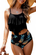 Womens High Waisted Bathing Suits Flounce Halter Tank Top Bikini Bottoms Tummy Control Modest Swimwear Two Piece Swimsuits Tankini Black Pineapple L