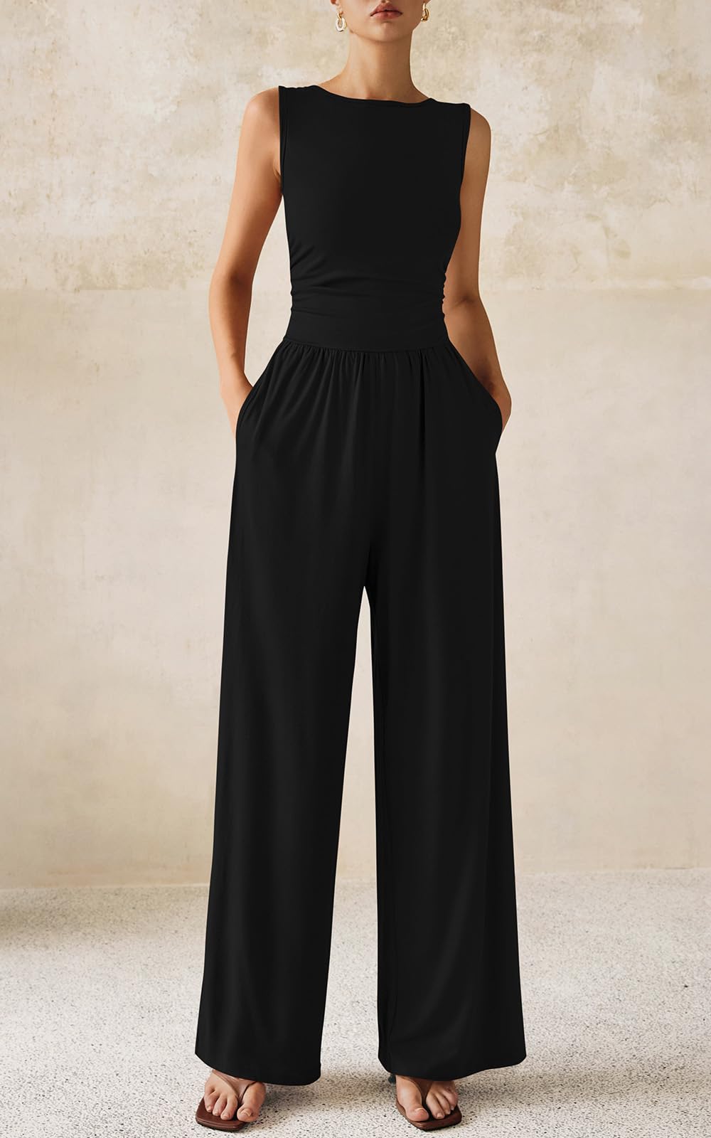 PRETTYGARDEN One Piece Jumpsuits for Women Dressy Casual Sleeveless Crewneck Wide Leg Rompers Jumpers 2026 Vacation Summer Outfits(Black, M)