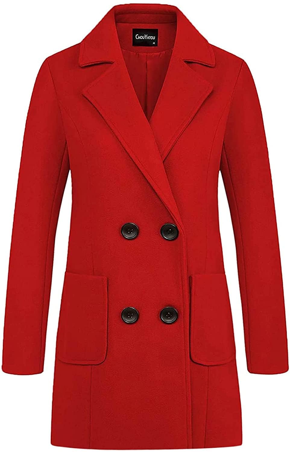 chouyatou Women Elegant Notched Collar Double Breasted Wool Blend Over Coat (Medium, Red)