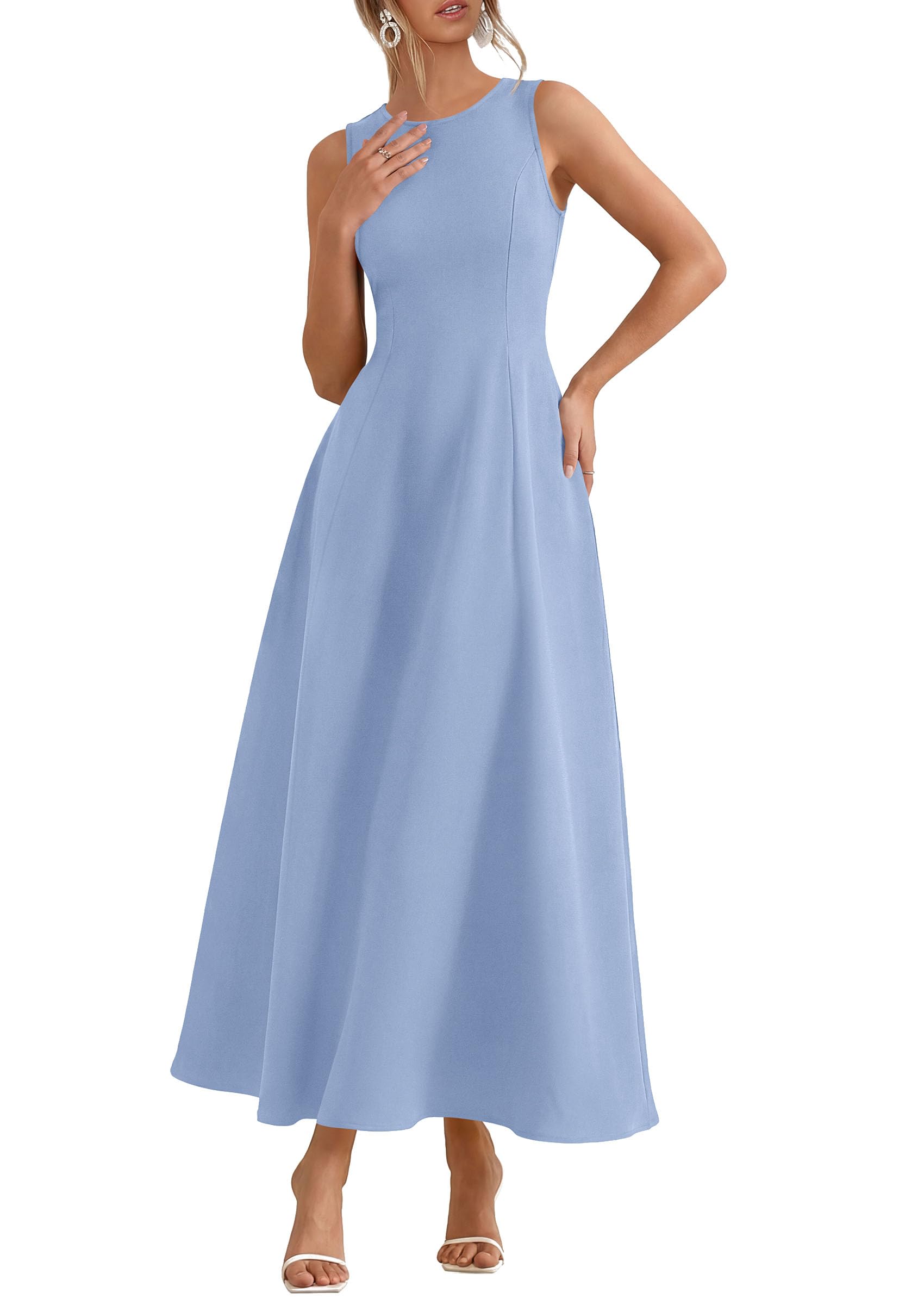 PRETTYGARDEN Women's Maxi Dress Summer Wedding Guest 2026 Spring A Line Long Tank Flowy Modest Sleeveless Cocktail Dresses (Light Blue,X-Large)