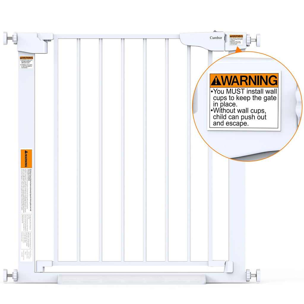 Cumbor 29.7-46" Baby Gate for Stairs, Toddler Safety Essentials for The House, Auto Close Dog Gate for Doorways, Mom's Choice Awards Winner-Easy Install Pressure Mounted Pet Gates for Dogs, White