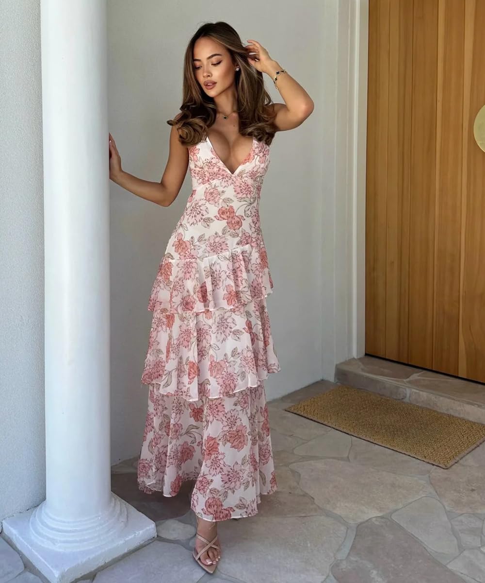 Women's Sexy Deep V Neck Maxi Dress Floral Backless Ruffles Hem Cocktail Party Long Dresses,Floral Apricot,S