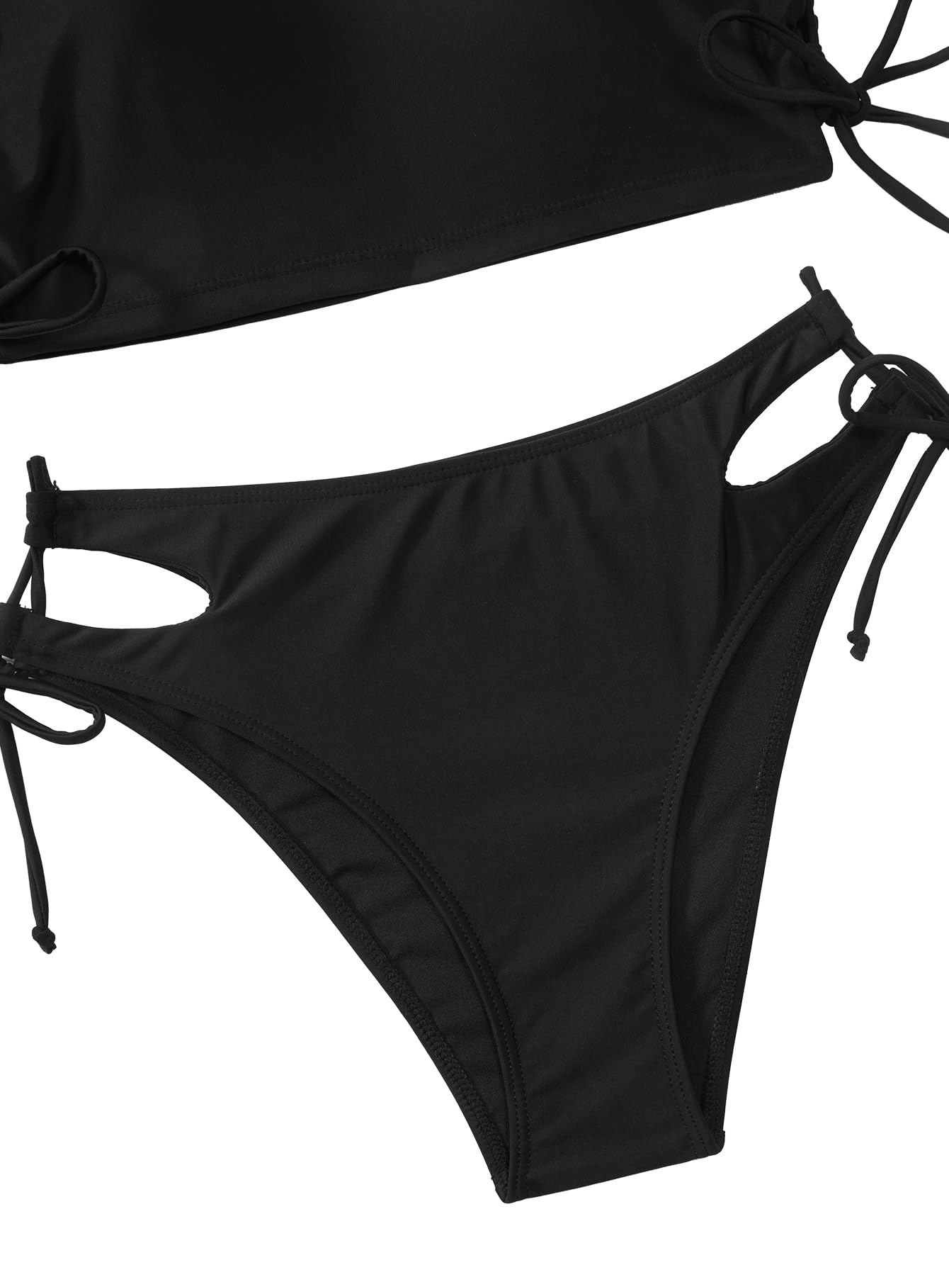 Lilosy Drawstring Bikini Set Srting Swimsuit Short Sleeve Top and Tie Side Bottom 2 Piece Women Bathing Suit Black Medium