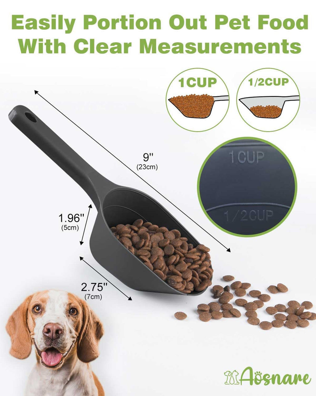 Aosnare 2 PACK Dog Food Scoop,1 Cup Capacity Pet Food Scoop With Measuring Lines For Dog, Puppy and Cat (Black)