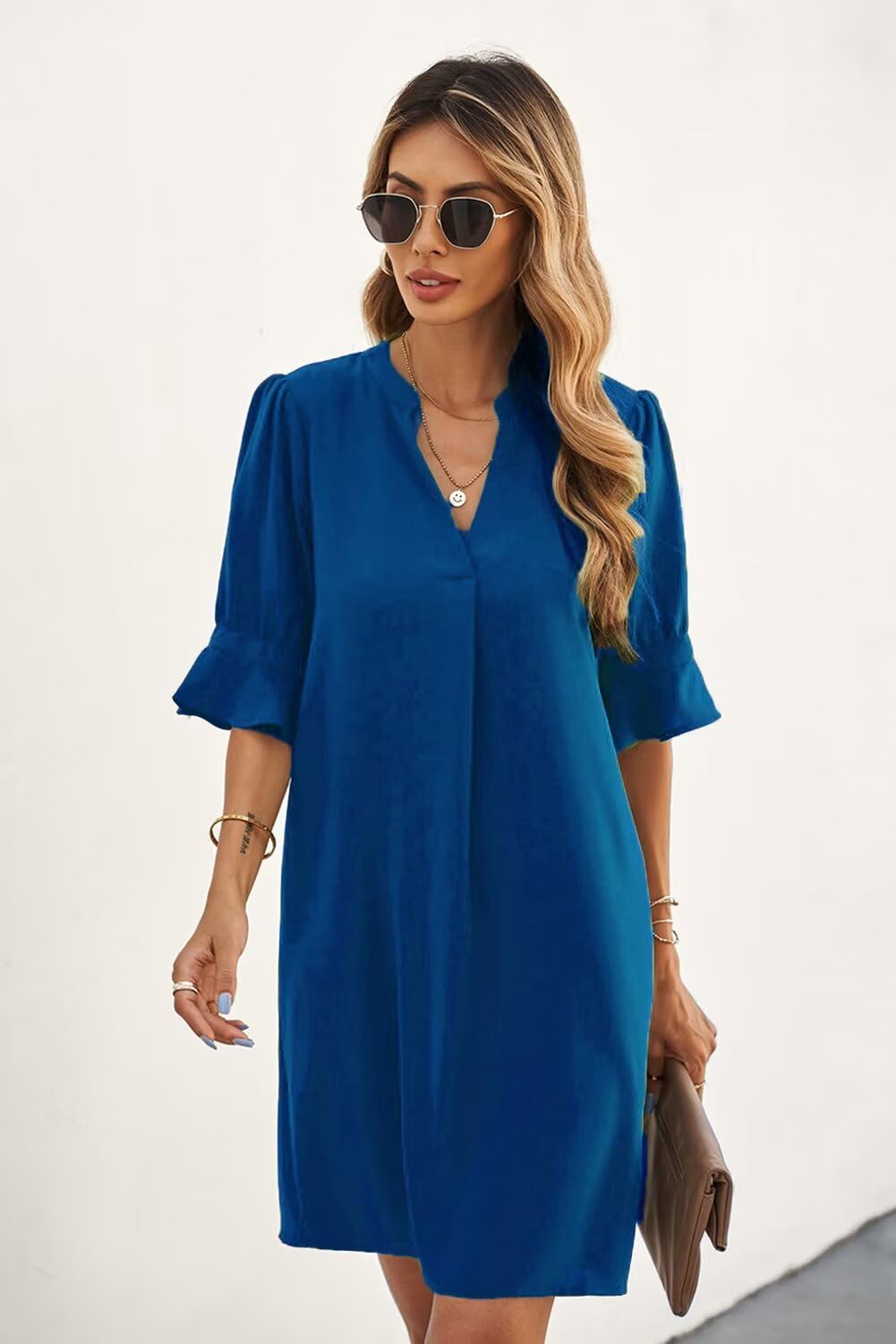 QACOHU V Neck Short Sleeve Dresses Women's Summer Mini Breathable Soft Skin-Friendly and Comfortable Tunic Dress Royal Blue L