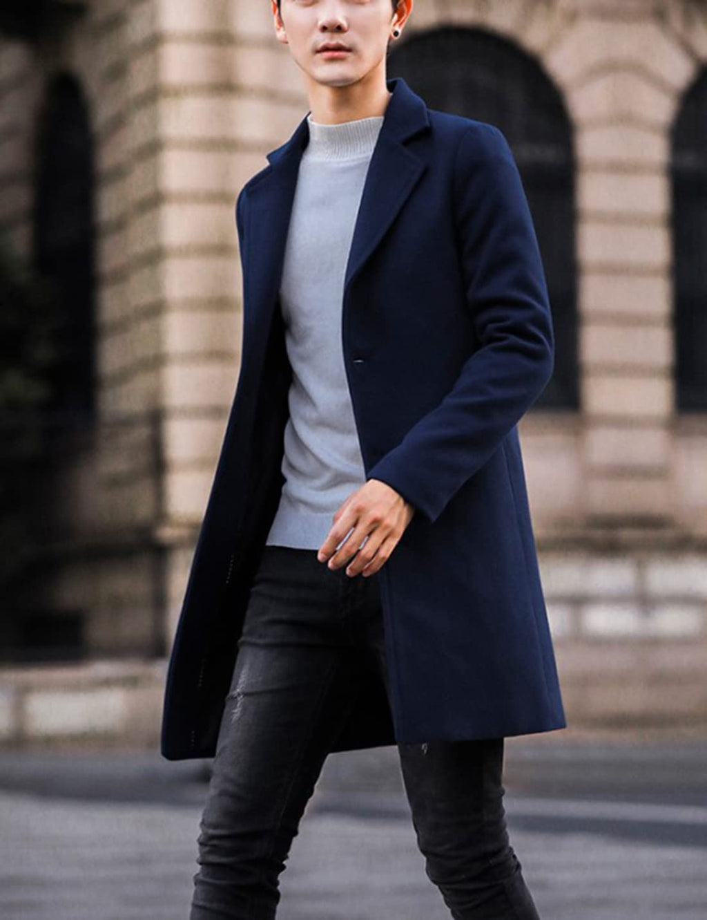 Springrain Men's Wool Blend Pea Coat Notched Collar Single Breasted Overcoat Warm Winter Trench Coat(Navy-S)