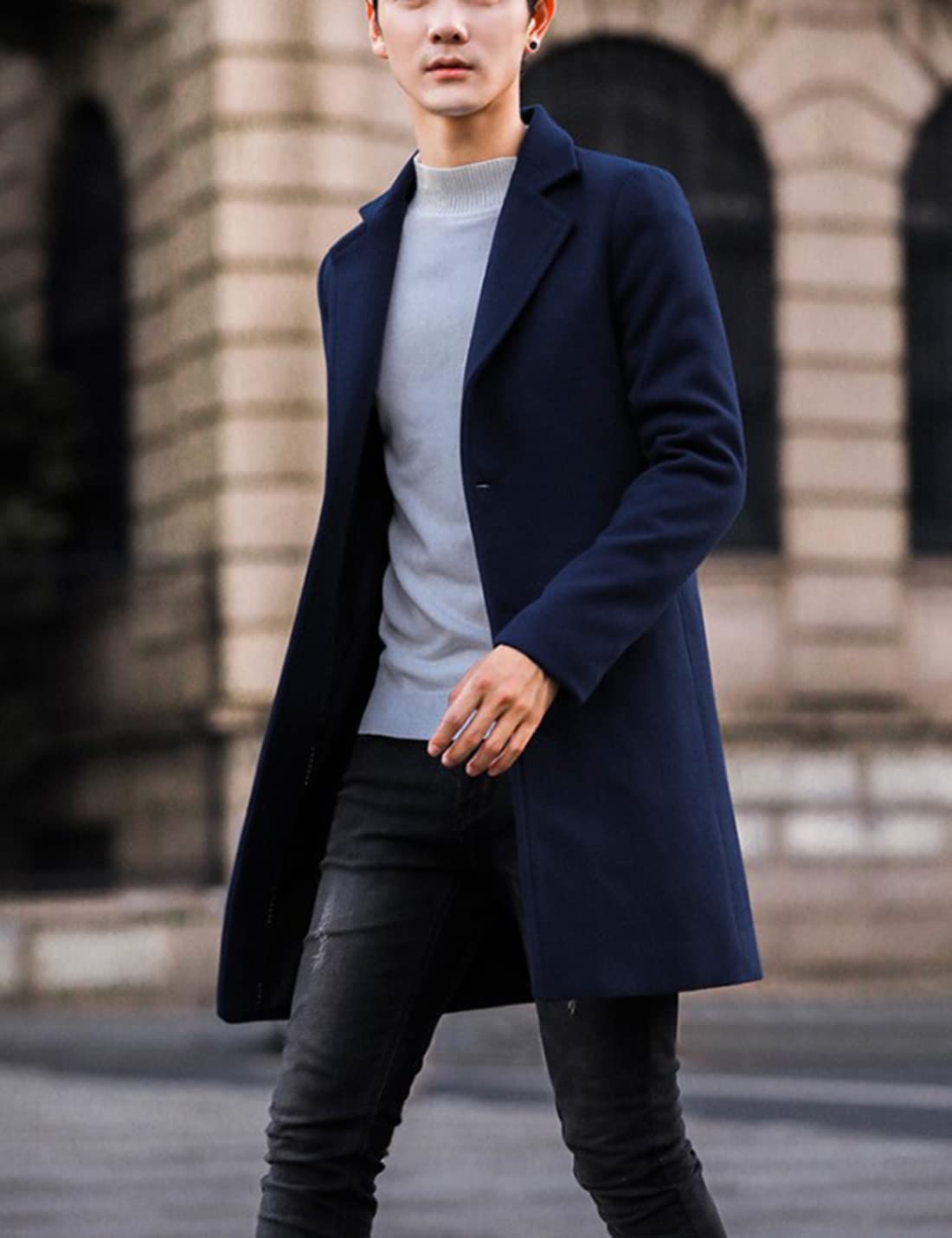 Springrain Men's Wool Blend Pea Coat Notched Collar Single Breasted Overcoat Warm Winter Trench Coat(Navy-S)