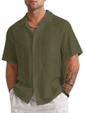 Mens Linen Button Down Shirts Short Sleeve Basic Cuban Regular Fit Wedding Summer Beach Tops Army Green