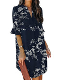 QACOHU Women's Summer Casual Dresses Sundress Ruffle Sleeves Simple V-Neck Shift Dress White Flower Navy L