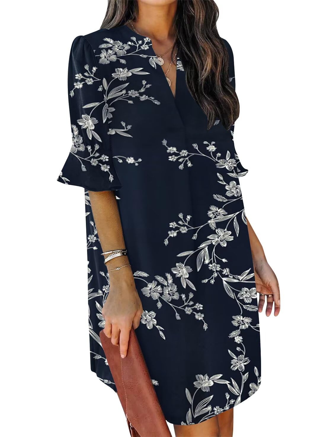 QACOHU Women's Summer Casual Dresses Sundress Ruffle Sleeves Simple V-Neck Shift Dress White Flower Navy L