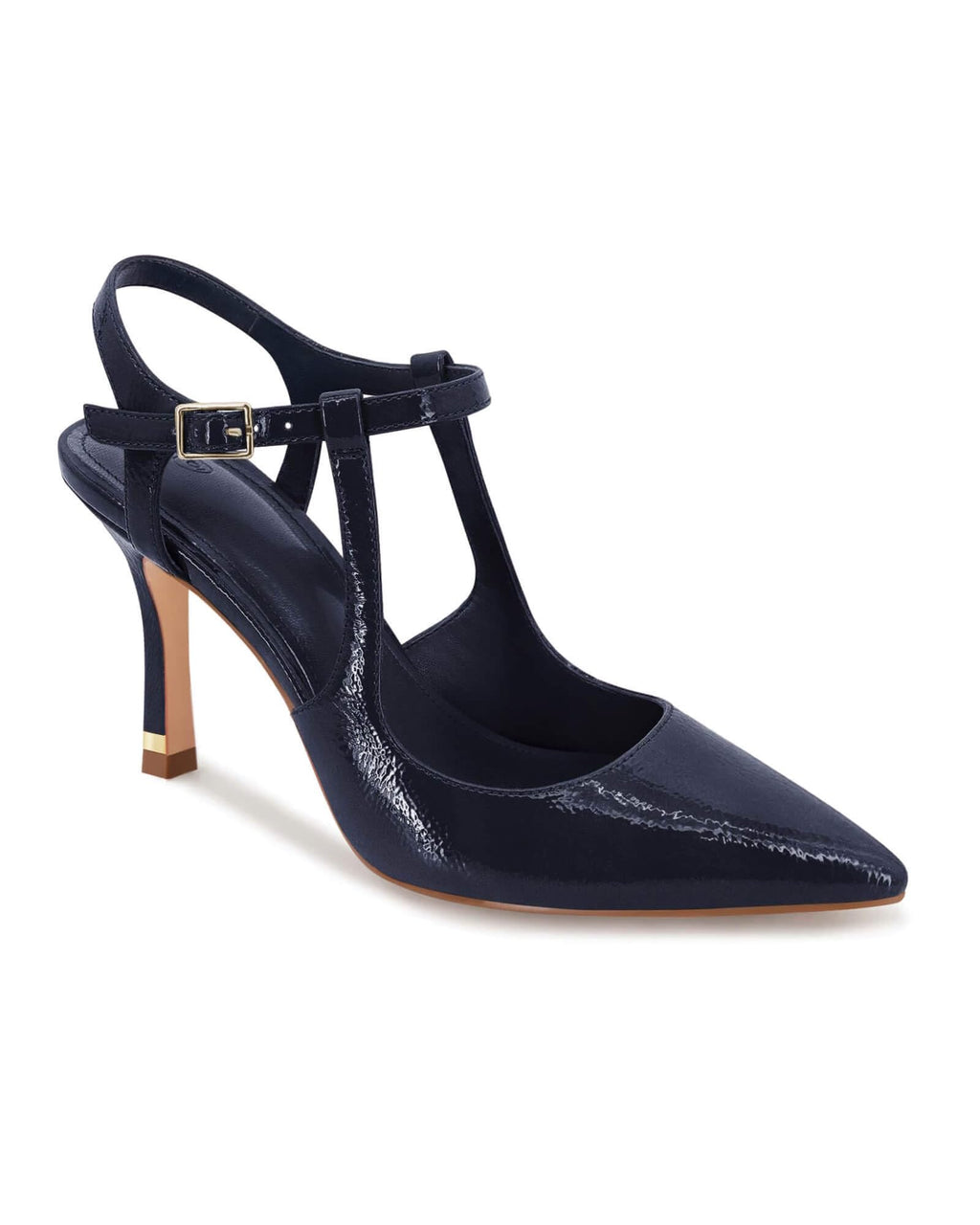 Coutgo Womens High Heels Pointed Toe Ankle Strap Pumps Patent Leather Sexy Stiletto Office Wedding Dress Shoes, Navy, Size 8