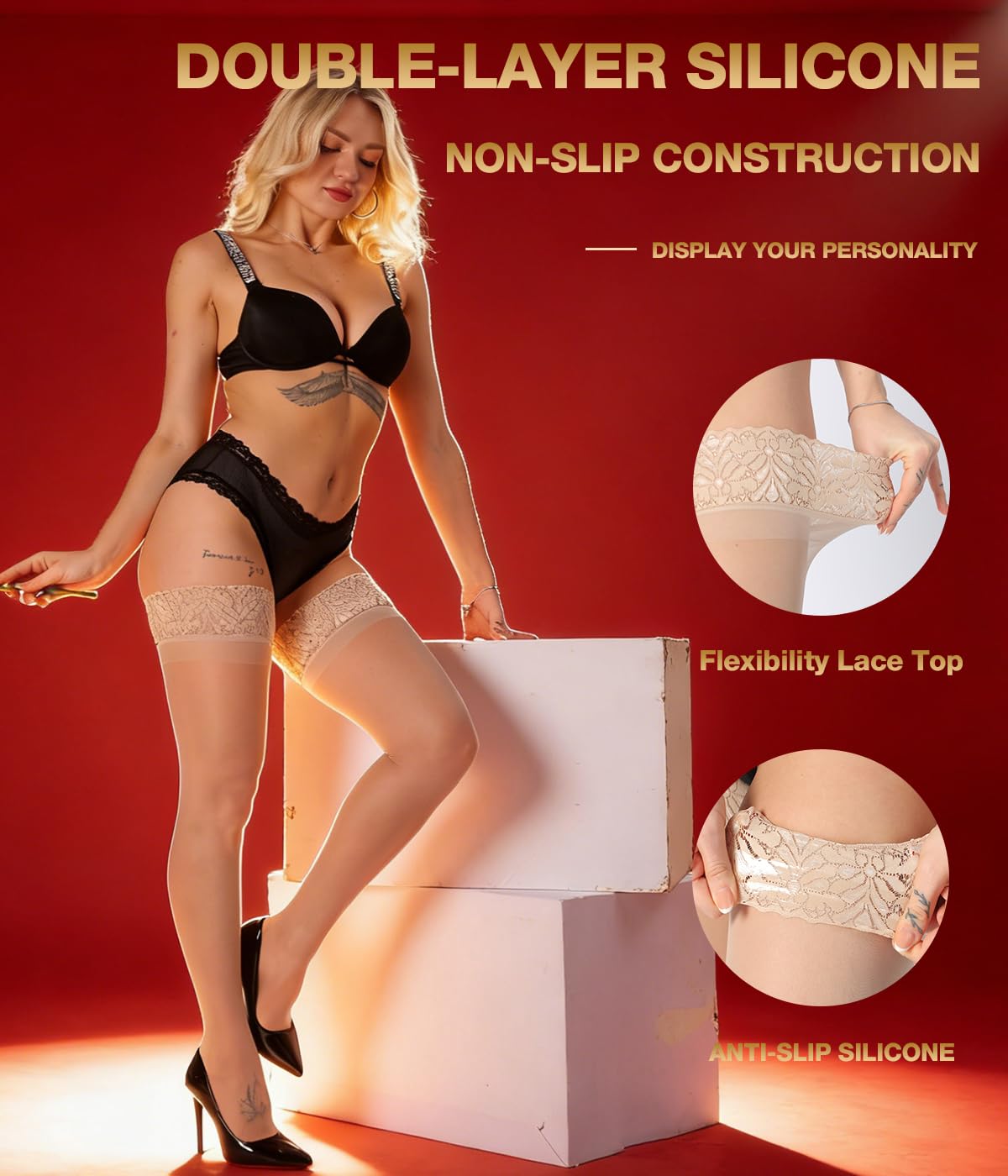 MERYLURE Thigh High Stockings Silicone Lace Top Stay Up Silk Semi Sheer Pantyhose for Women Hold Up Nylon Lingerie