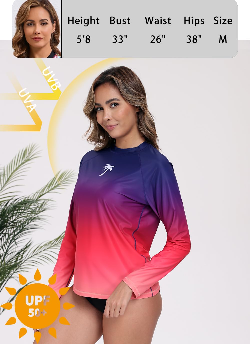 Halcurt Women's Long Sleeve Rash Guard Swim Shirts Quick Dry UPF50+ UV Sun Protection Swimsuit Top Ombre Red M