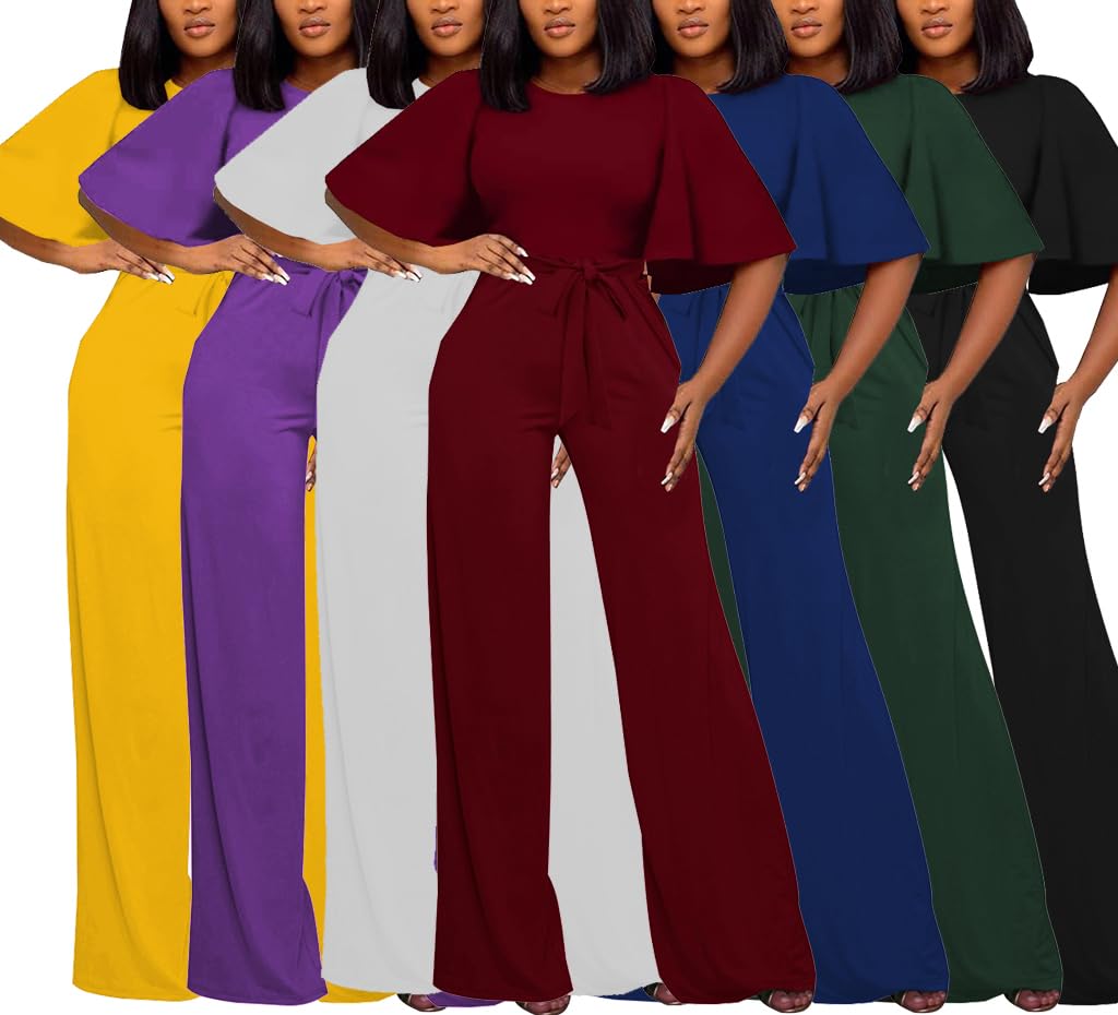 BessCops Womens Loose Short Sleeve Belted Wide Leg Pant Romper Jumpsuit Casual Business One Piece Outfits Green