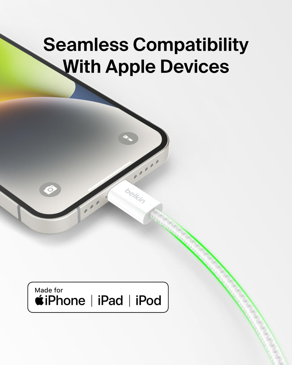 Belkin USB C Cable w/Lightning Connector, 6.6ft - Soft, Flexible Fast-Charging Cable, Lightning Charger Cord for iPhone 14 & Earlier Series, iPad 9th Gen, Airpods & More - White