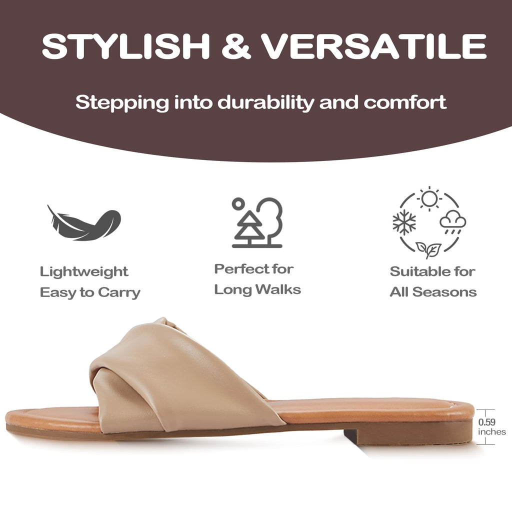 YTSKJ Women's Flat Sandals Round Open Toe Comfortable Fashion Cute Ladies Slides Sandals Women Dressy Summer Flat Leather Casual Fashion Beach Shoes Camel Size 9