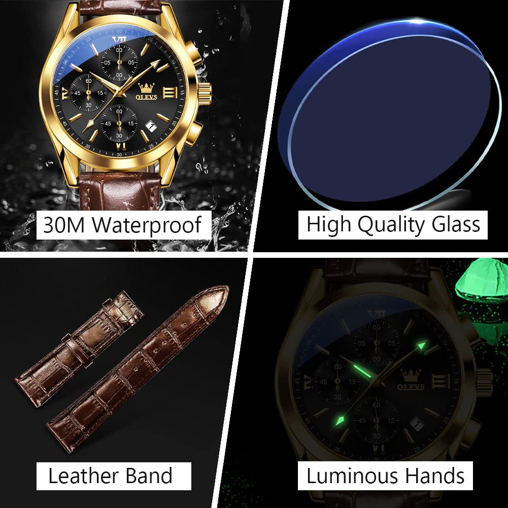 OLEVS Men's Round Watches with Leather Band Auto Date Quartz Watches for Men Black Dial Roman Number Men's Chronograph Watch Rose Gold Bezel Three Hands Classic Mens Sports Wristwatch Reloj De Hombre