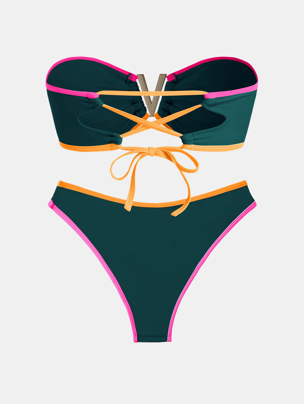ZAFUL Women's Bandeau Bikini V Strapless Confetti Colorblock Tie Back High Cut Two Piece Swimsuit Bathing Suits (1-Malachite Green, M)