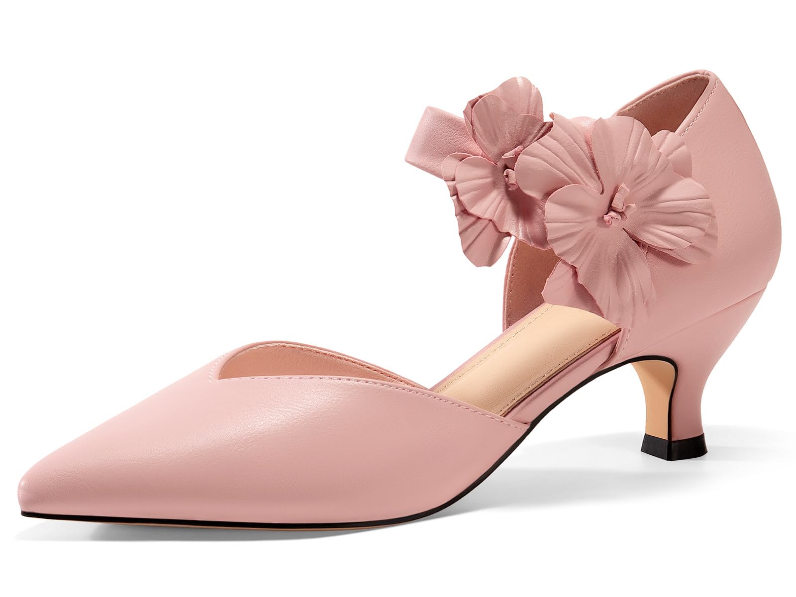 Coutgo Womens Low Kitten Heels Dressy Shoes Comfortable Closed Toe Flower Slip on Formal Party Dance Heeled Pumps, Pink, Size 8.5