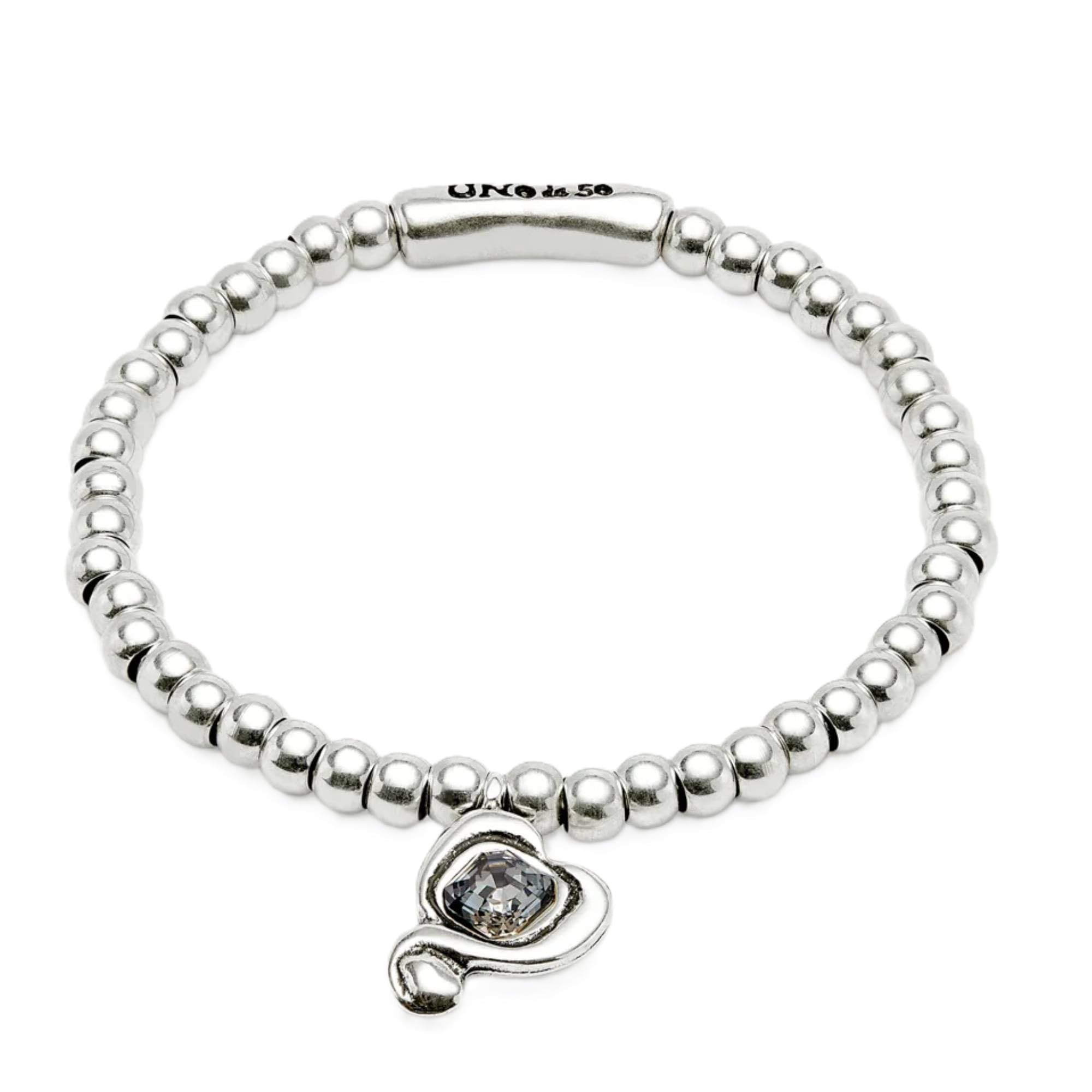 Uno de 50 Silver-Plated Stretch Bracelet, Heart Charm with Crystal (Black)