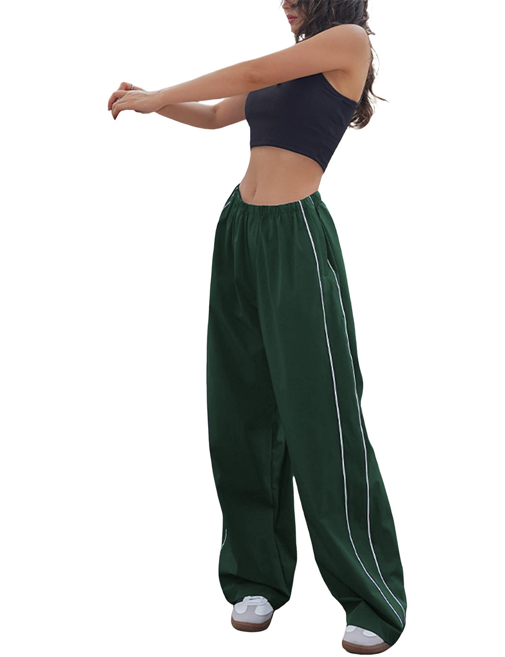 Springrain Womens Wide Leg Track Pants Slouchy Stripe Detail Jogger Sweatpants with Pockets(ArmyGreen-XS)