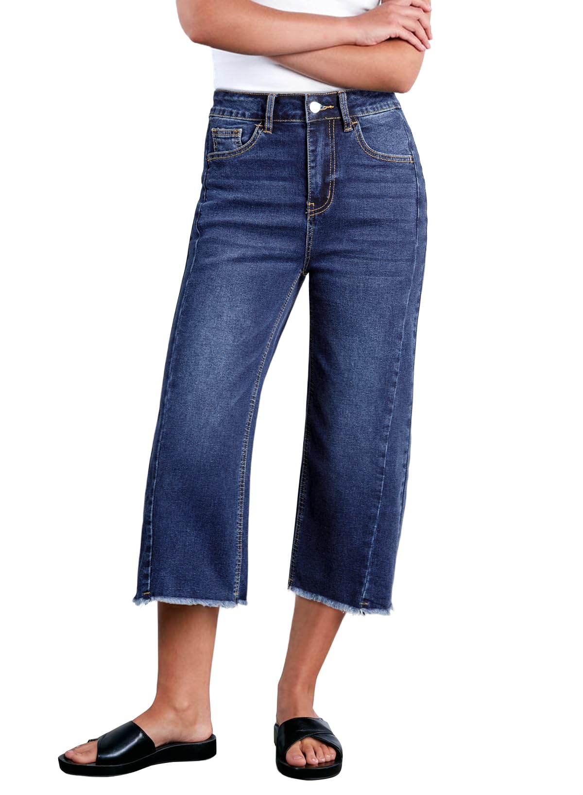 Sidefeel Women's High Waisted Jeans Stretchy Straight Leg Raw Hem Capri Pants Size 8 Dark Blue
