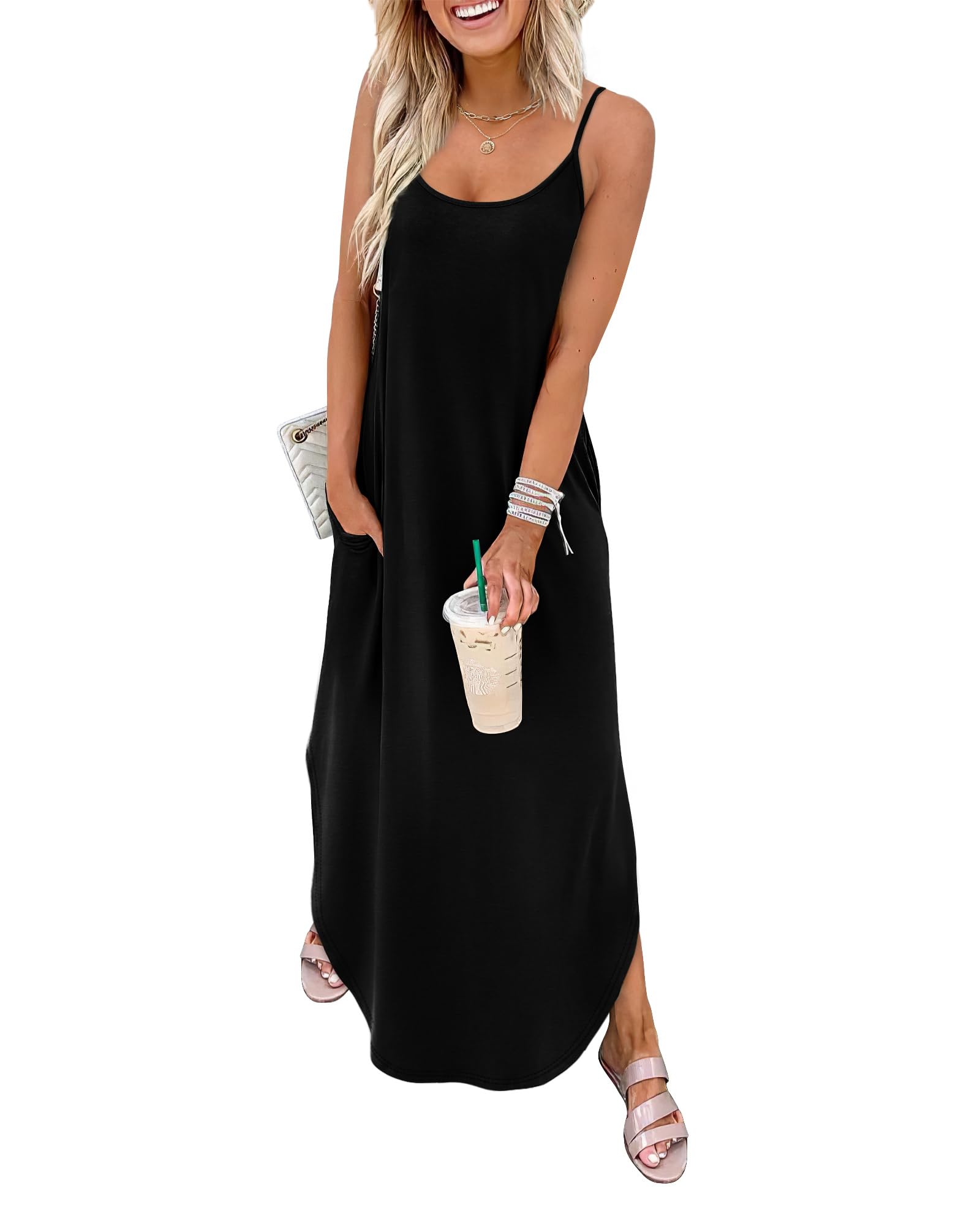 WIHOLL Dresses for Women 2026 Vacation Casual Maxi Summer Dress V Neck Weddging Guest Sundress Church Black L