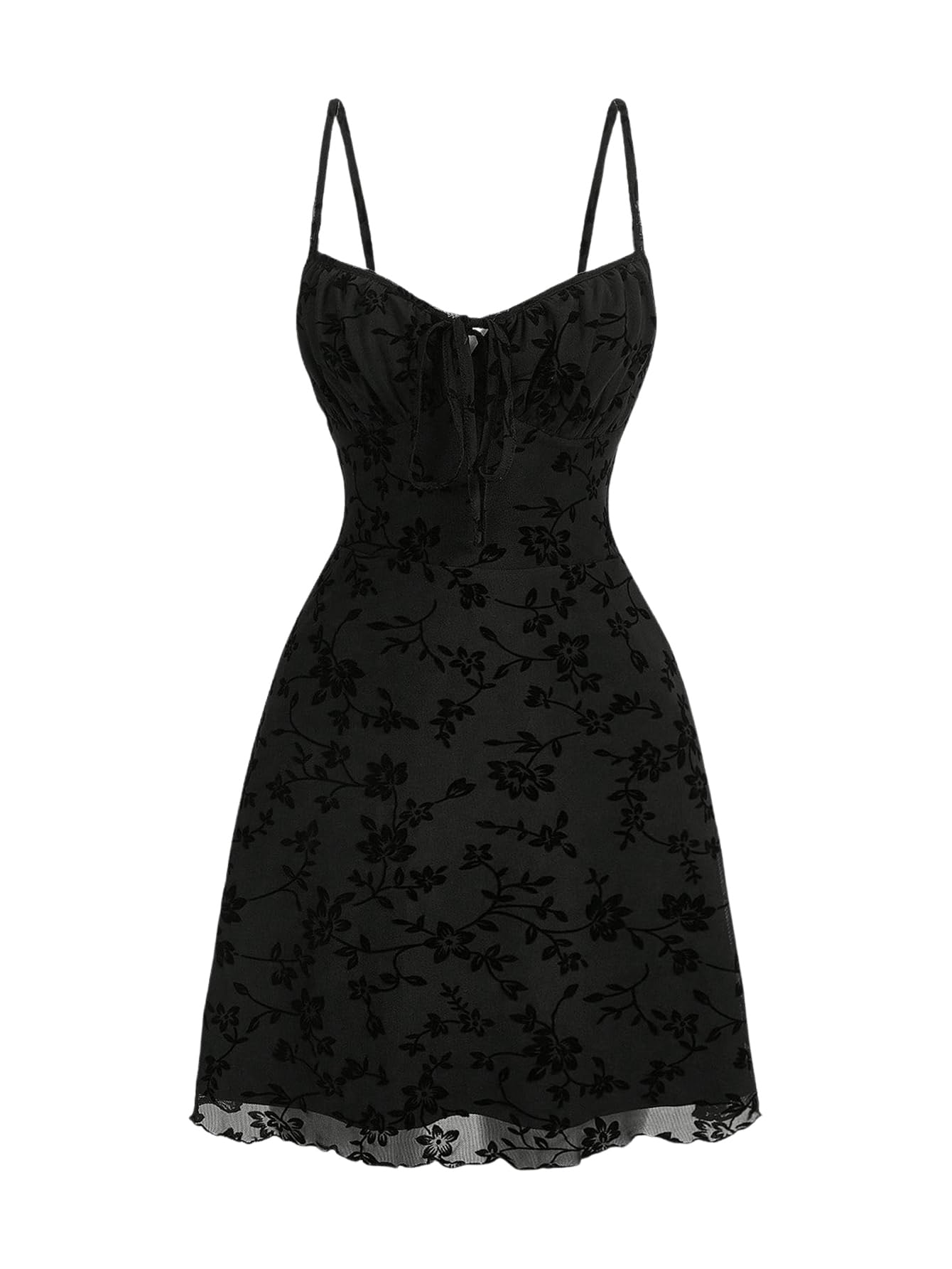 Verdusa Women's Gothic Floral Print Short Cami Dress Tie Front Lettuce Trim Mesh Sleeveless A Line Dresses Black Large