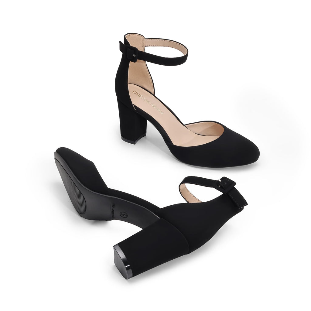 DREAM PAIRS Women's Closed Toe Chunky Heels Ankle Strap Low Block Heels Round Toe Dress Bridal Wedding Pumps Shoes,Size 9,Black-Nubuck,DWUMPU2535