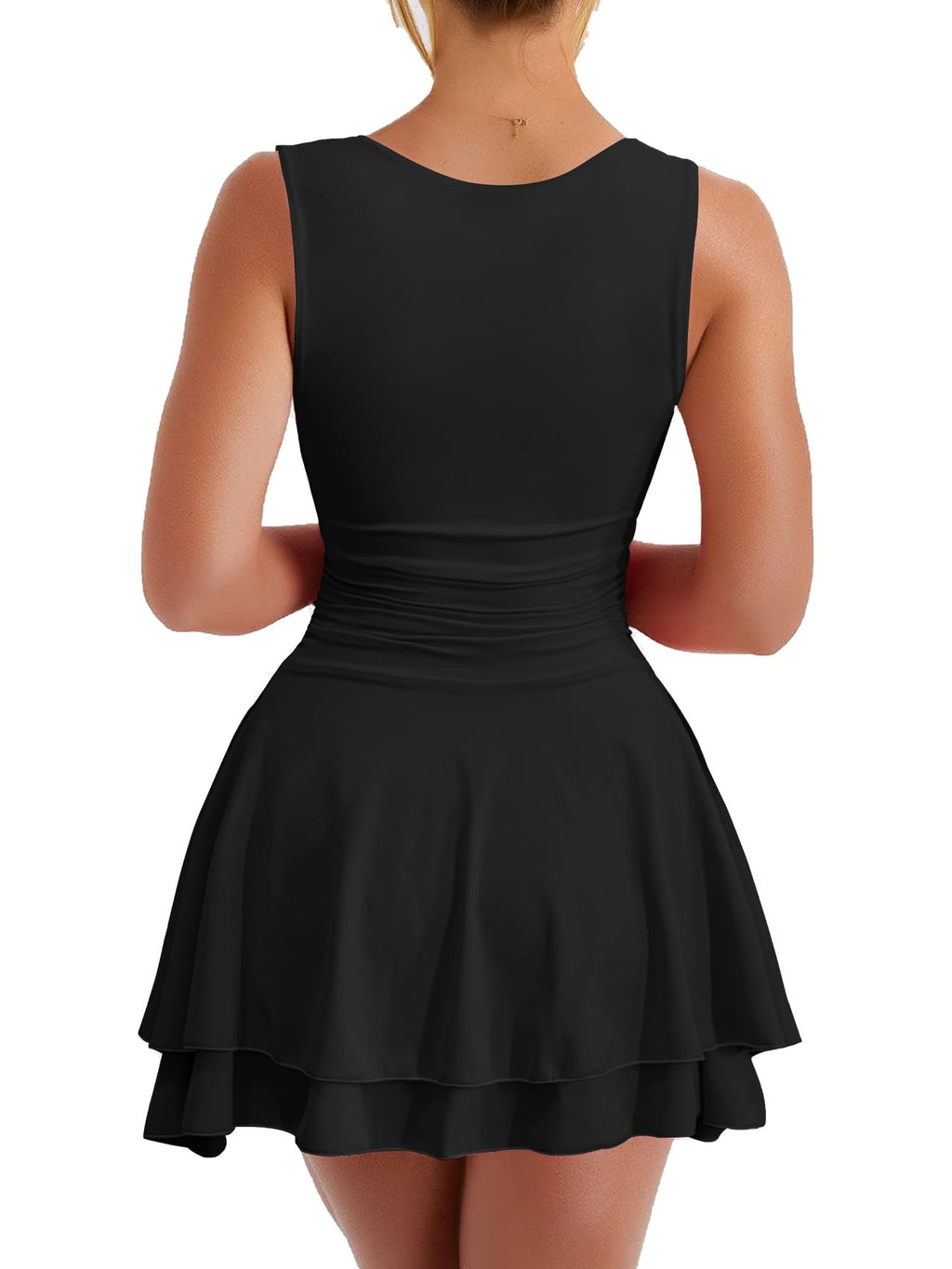Kaximil Women's Square Neck Ruffle Hem Mini Dress Ruched Waist Short Party Dresses, Small, Black