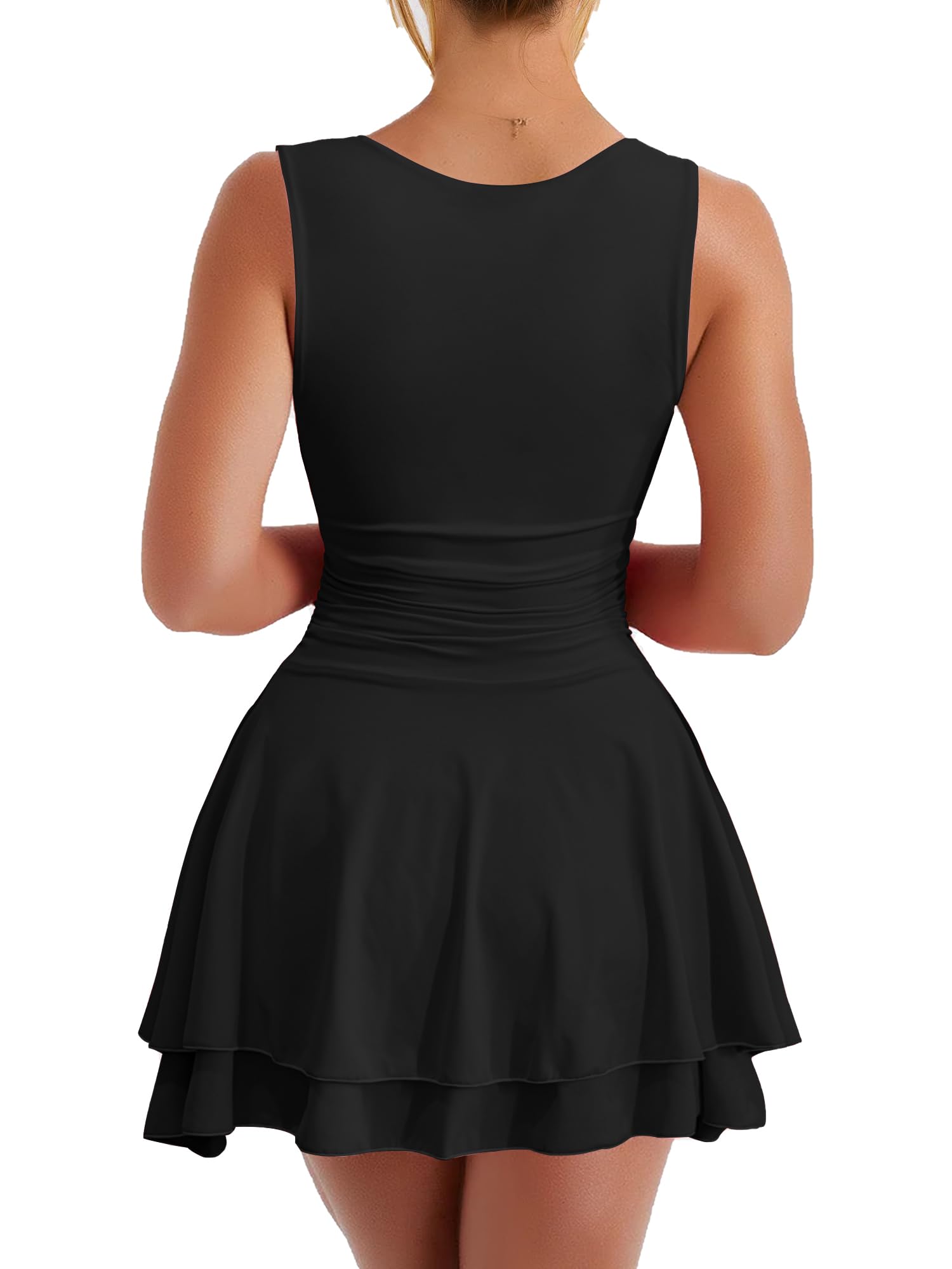 Kaximil Women's Square Neck Ruffle Hem Mini Dress Ruched Waist Short Party Dresses, Small, Black