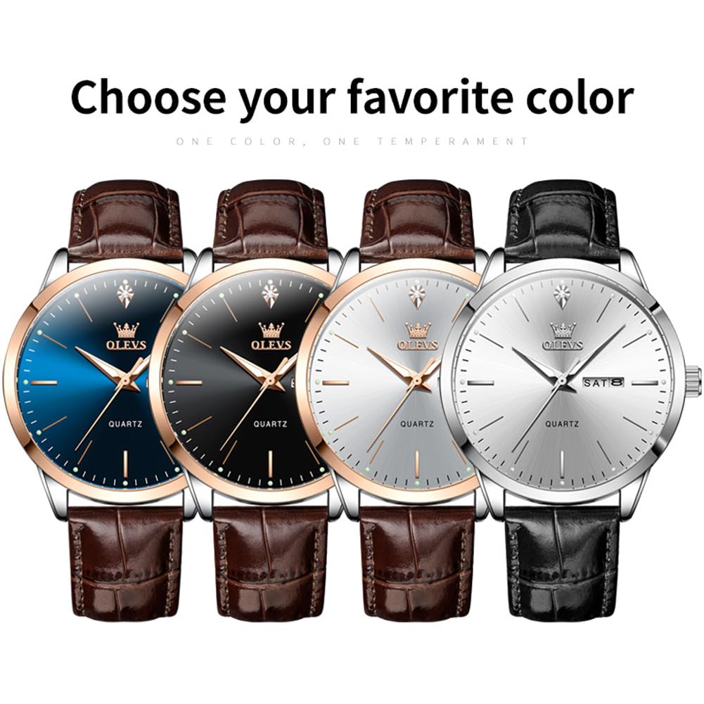 OLEVS Dress Watches Mens Brown Leather Band Waterproof Casual Large Blue Dial Watch for Men Original Classic Stainless Steel Case Luxury Analog Simple Watch Men Classy Fashion Business Watch for Men